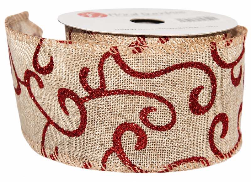 Picture of Natural hessian wired edge ribbon with red swirl 2.5"x10yards